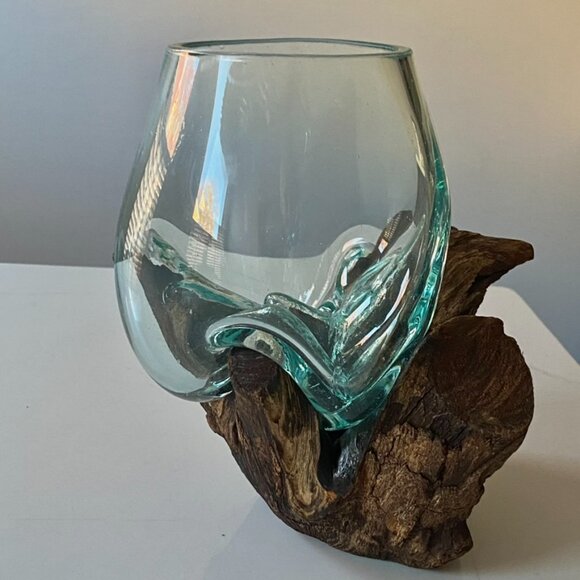 Handmade Art Glass Wood Vase Blown Molten Glass Bowl Teak Base Terrarium NEW - Picture 5 of 16